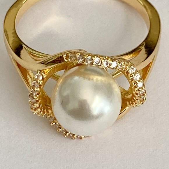 Art Deco Cubic Zirconia White Pearl Cocktail Ring Yellow Gold Plated Size 7 8 9 - Picture 12 of 16